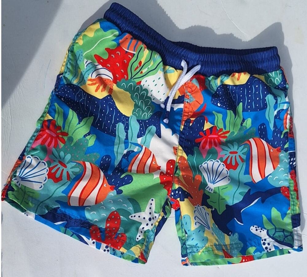 Mini Boden Boys Swim Shorts Trunks Blue-Green "Colorful Coral Bay" sea life 5-6